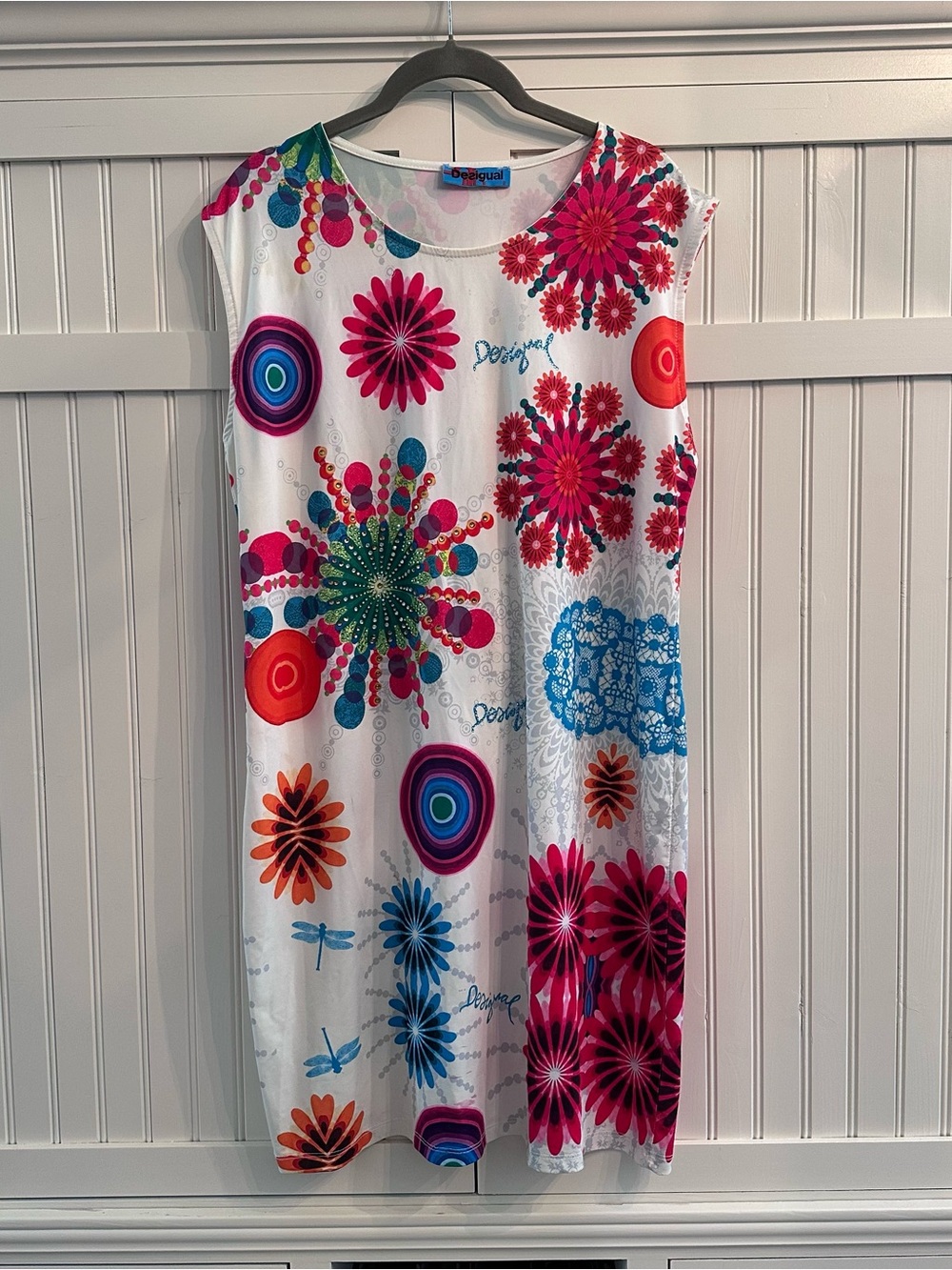 Desigual White Dress with Pink and Blue Graphic Dots Size 6